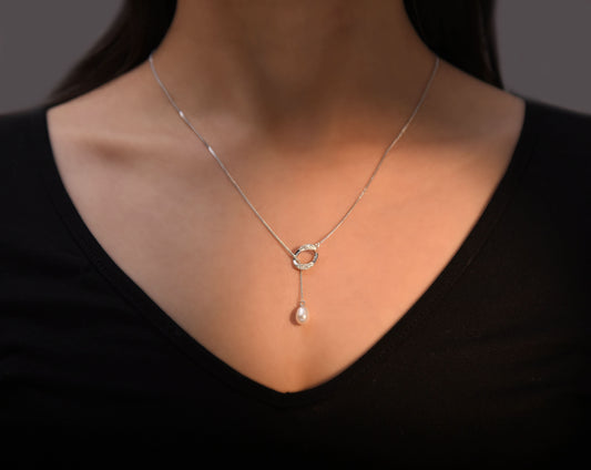 Silver Elliptical Swiss Zircon Pearl Pendant Silvish