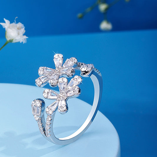 Silver White Stone Floral Swiss Ring