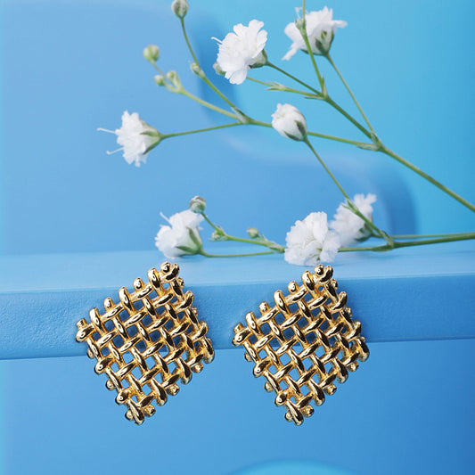 Gold Plated Hollow Square Basket Weave Earrings