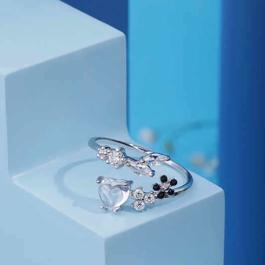 Silver Floral White Heart Ring