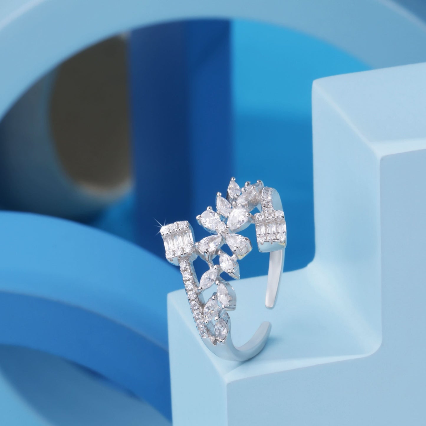 Silver Floral Leaf White Stone Ring