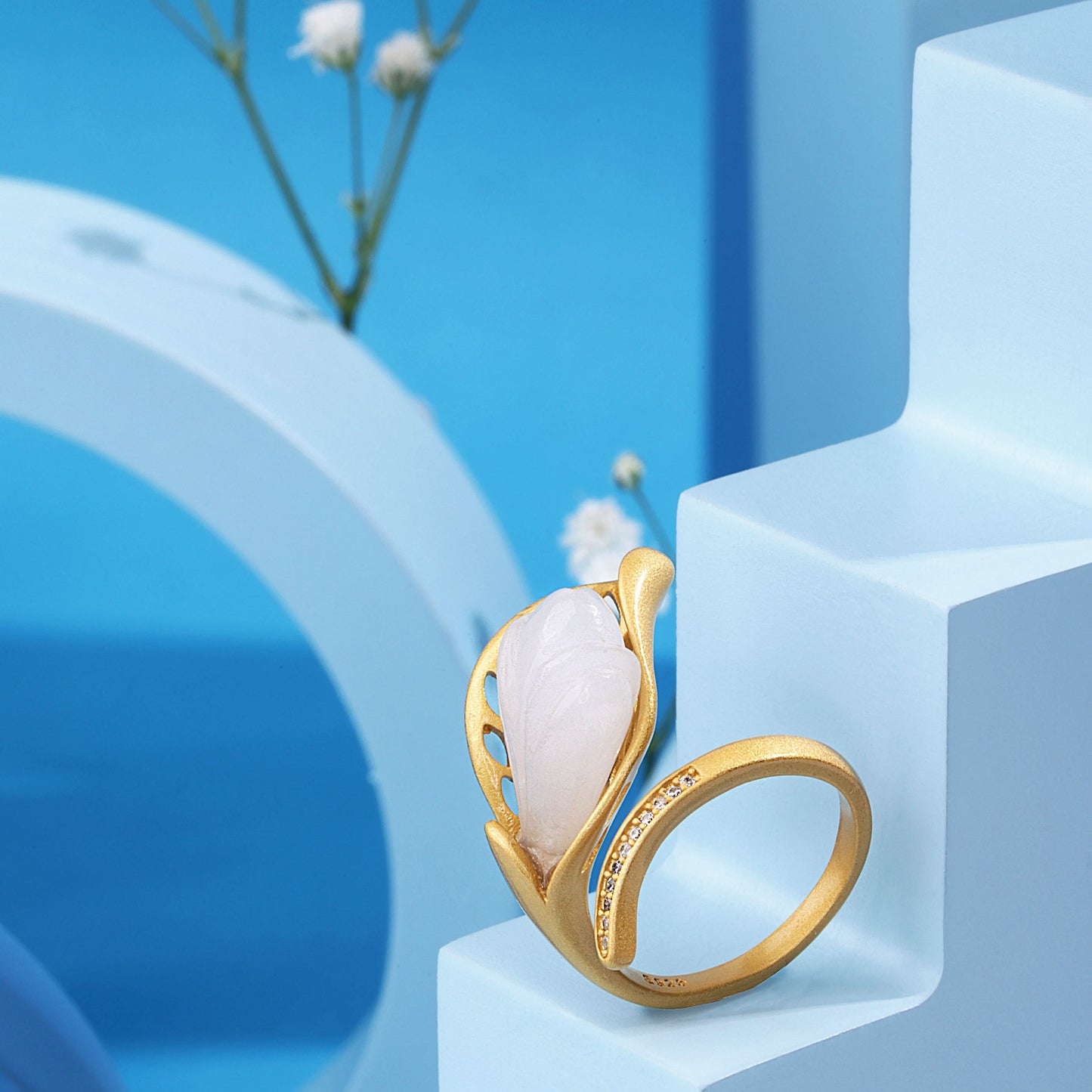 Gold Plated Orchid Decorated White Flower Ring