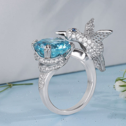 Silver Hummingbird Open Blue Gem Ring