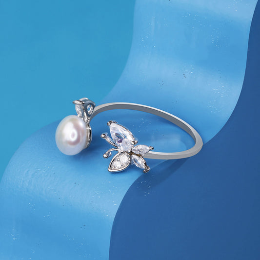 Silver Pearl Butterfly Whispers Ring