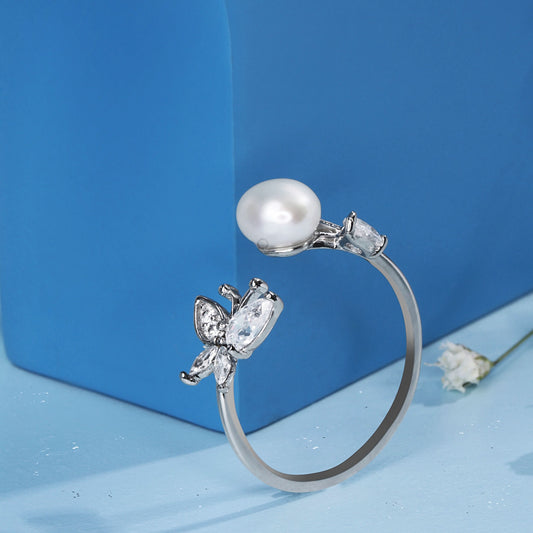 Silver Pearl Butterfly Whispers Ring Silvish