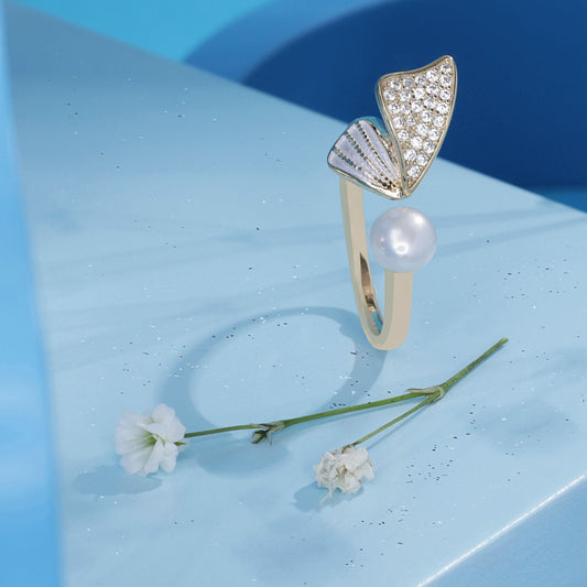 Gold Plated Lumina Wing Pearl Ring Silvish