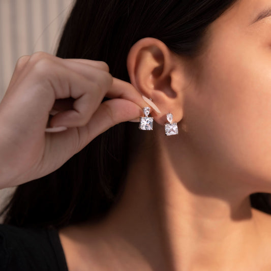 Silver Square White Stone Earrings Silvish