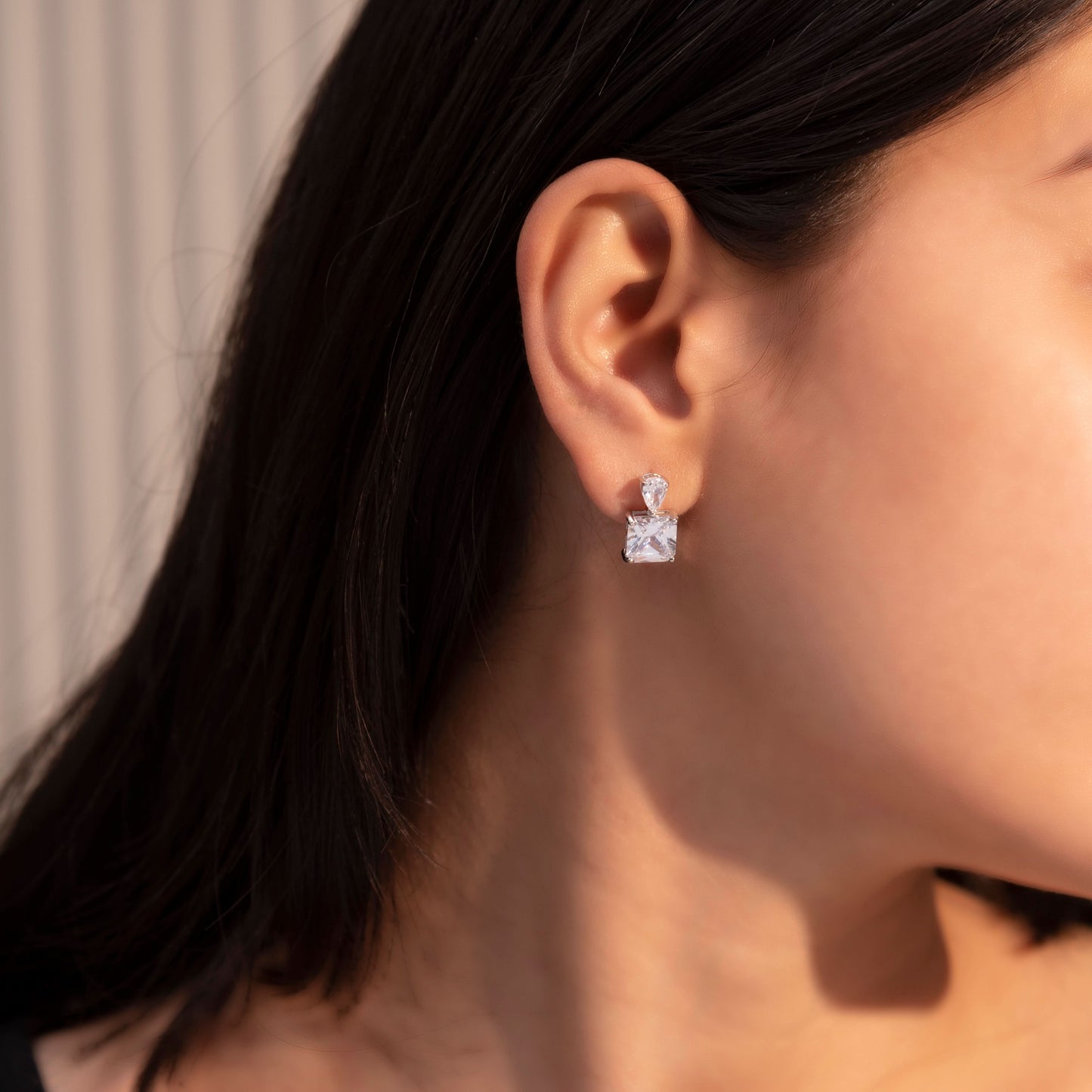 Silver Square White Stone Earrings