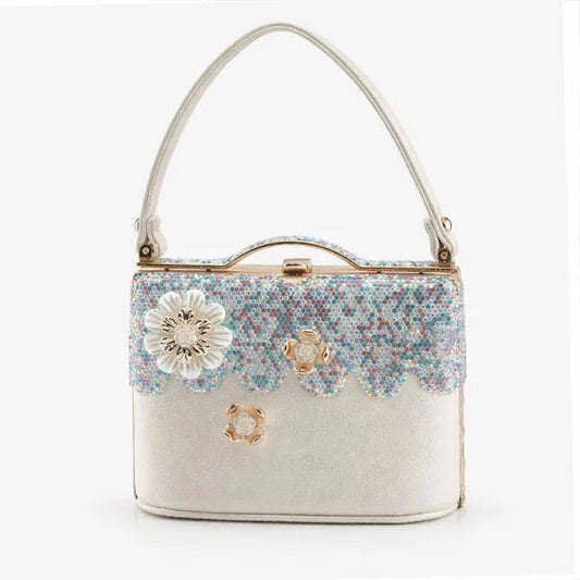 Celestia Bloom Handbag – Luxury Crystal Floral Evening Bag Silvish