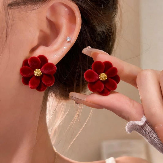 Red Velvet Flower Stud Earrings Yiwu Baochai E-Commerce Firm