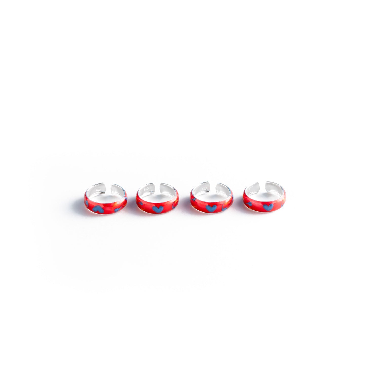 Silver Red Colored Heart Pattern Toe Rings