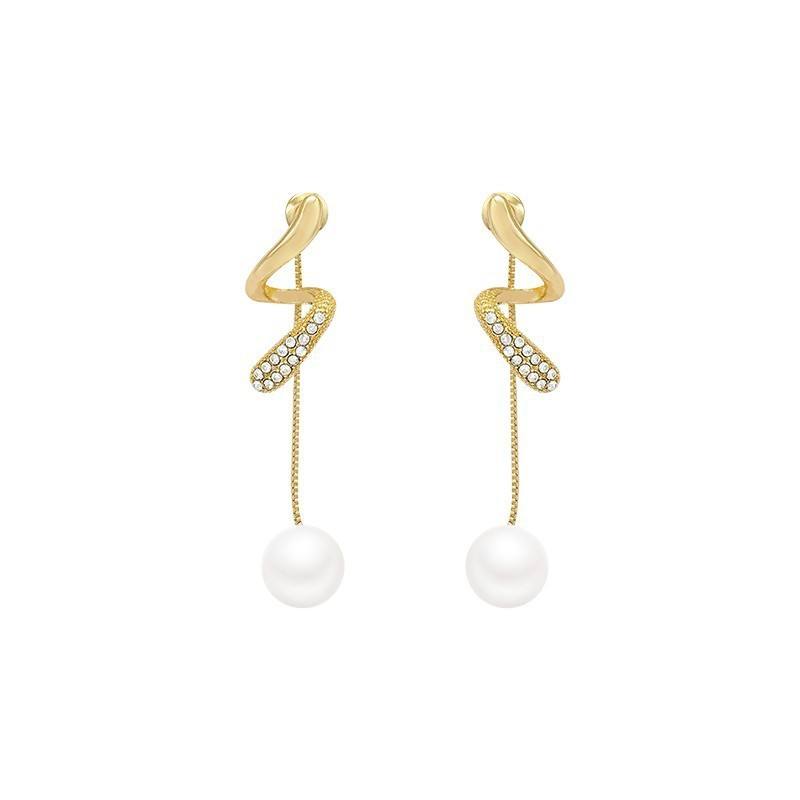 Gold Abstract Chain Drop Earrings with Pearl Yiwu Baochai E-Commerce Firm