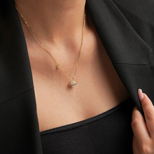 Gold Plated Stellar Saturn Moonstone Glow Pendant Silvish