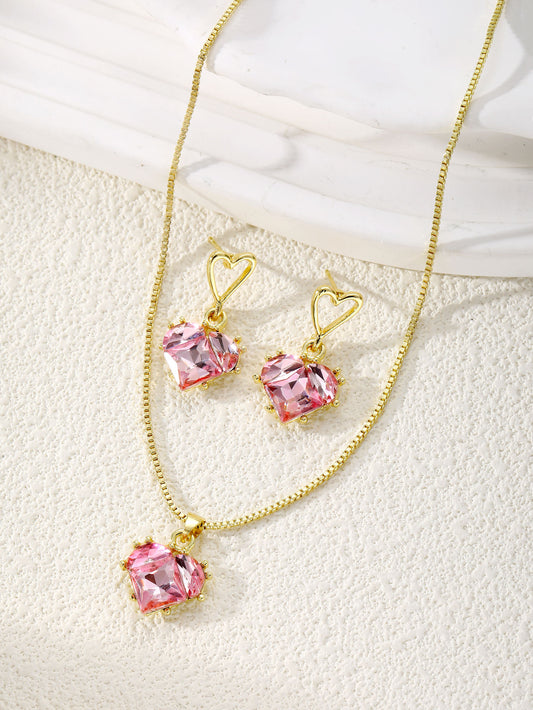 Pink Heart Pendant Necklace Set