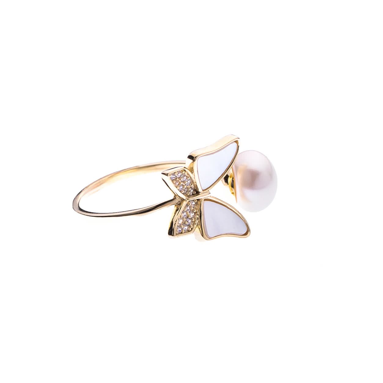 Gold Plated Golden Freshwater Pearl Butterfly Ring