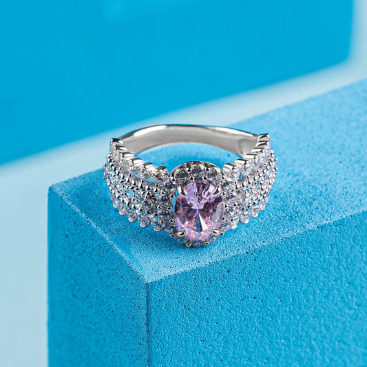 Silver Moissanite Engagement Rounded Pink Gem Ring