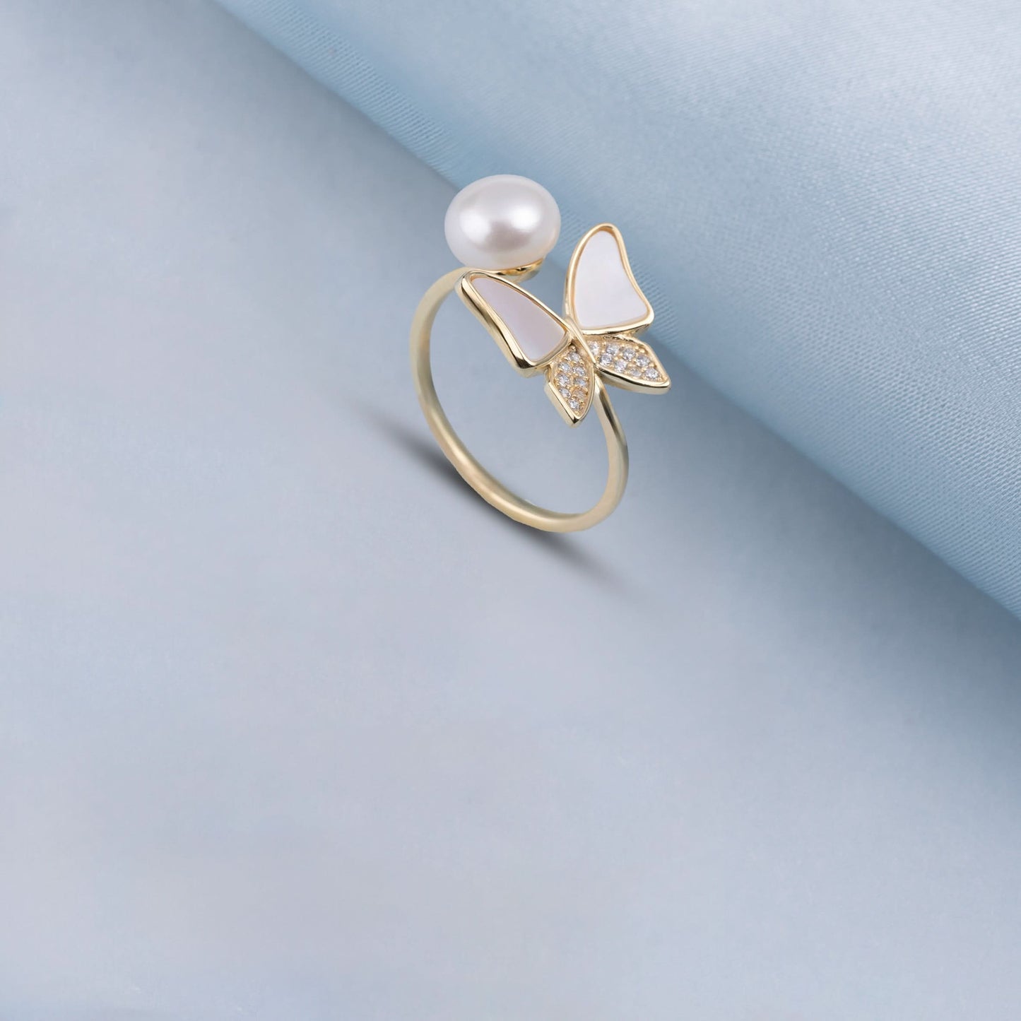 Gold Plated Golden Freshwater Pearl Butterfly Ring