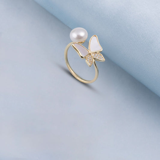 Gold Plated Golden Freshwater Pearl Butterfly Ring Silvish