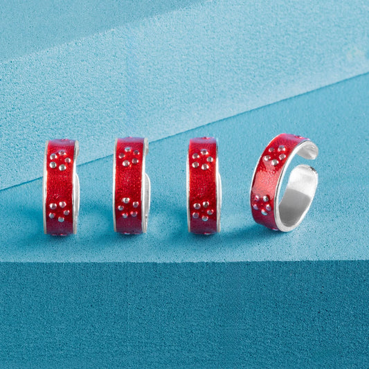 Silver Red Floral Charm Toe Rings
