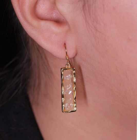 Gold Plated Rectangular Shell Temperament Crystal Gravel Earrings Silvish