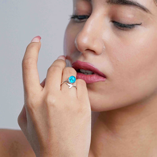 Silver Blue Crystal Mermaid Stone Ring Silvish