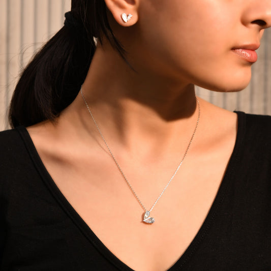 Silver Crystal Stone Heart Pendant Set Silvish