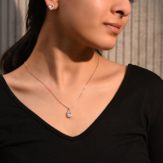 Rose Gold Rectangular Splendor Necklace Set Silvish
