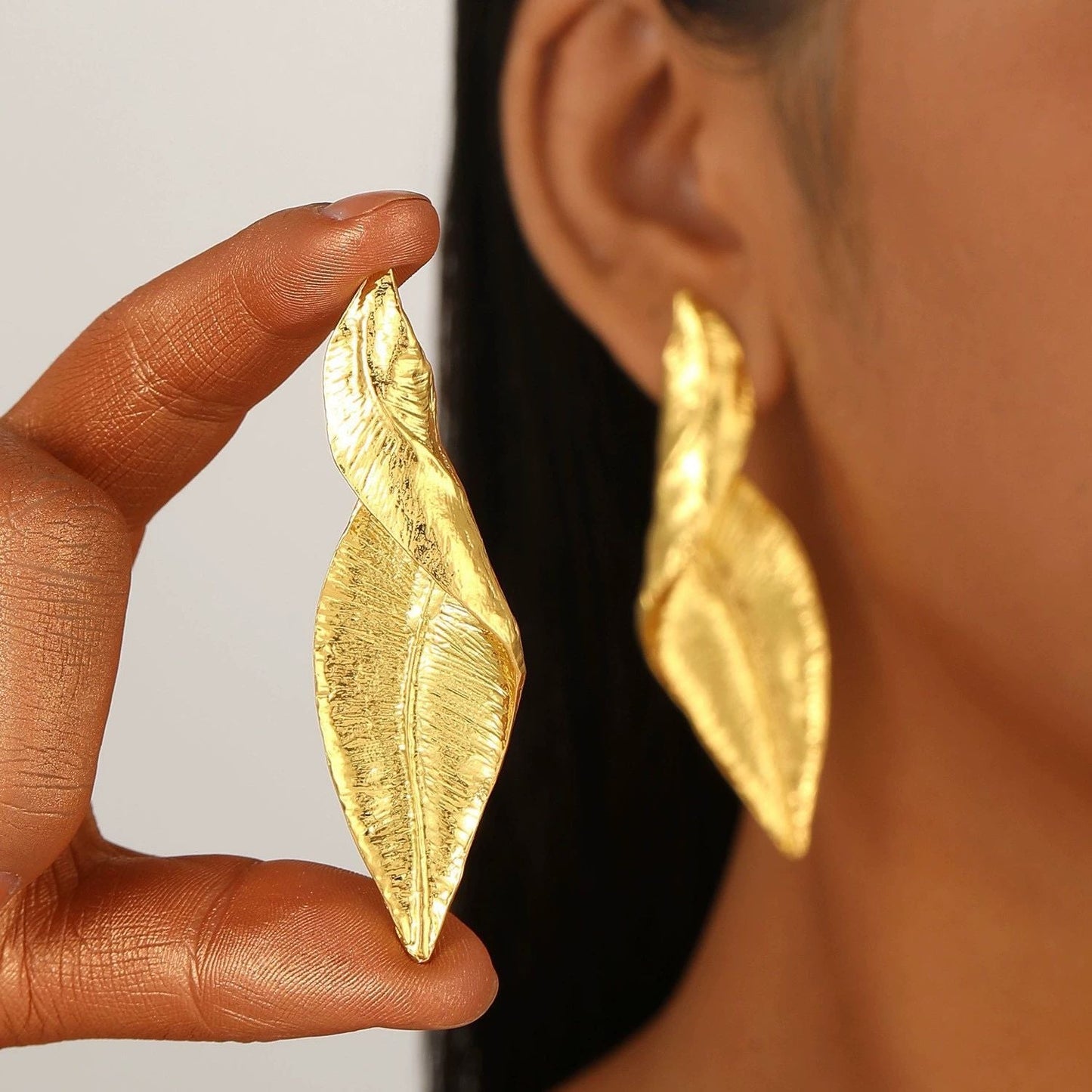 Golden Leaf Twist Statement Earrings Hunan Haoyi