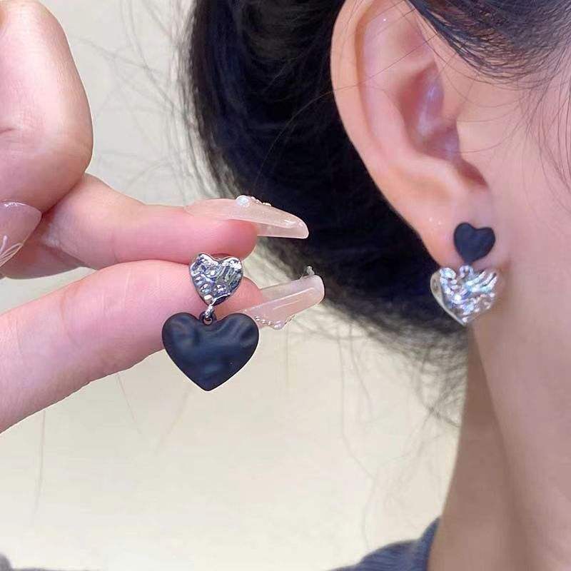 Silver Onyx Double Heart Statement Earrings