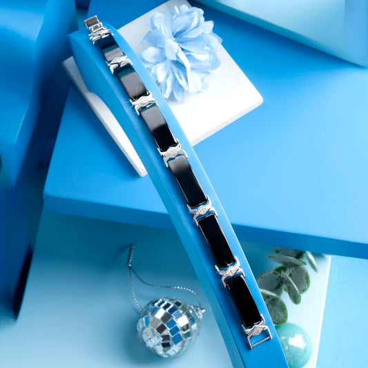 Silver Black Rectangle Ceramic Men Bracelet