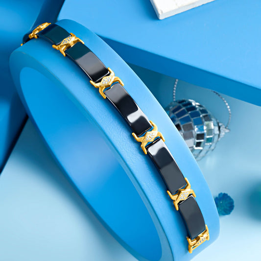 Gold Plated Black Rectangle Ceramic Men Bracelet