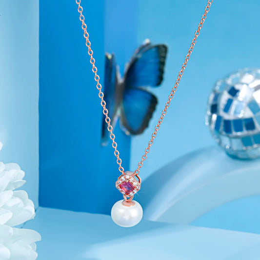 Rose Gold Ruby & Pearl Pendant Silvish