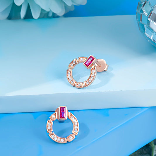 Rose Gold Circular Pink Gem Earrings