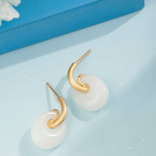 Gold Plated Natural Nephrite Handicraft Earrings Silvish