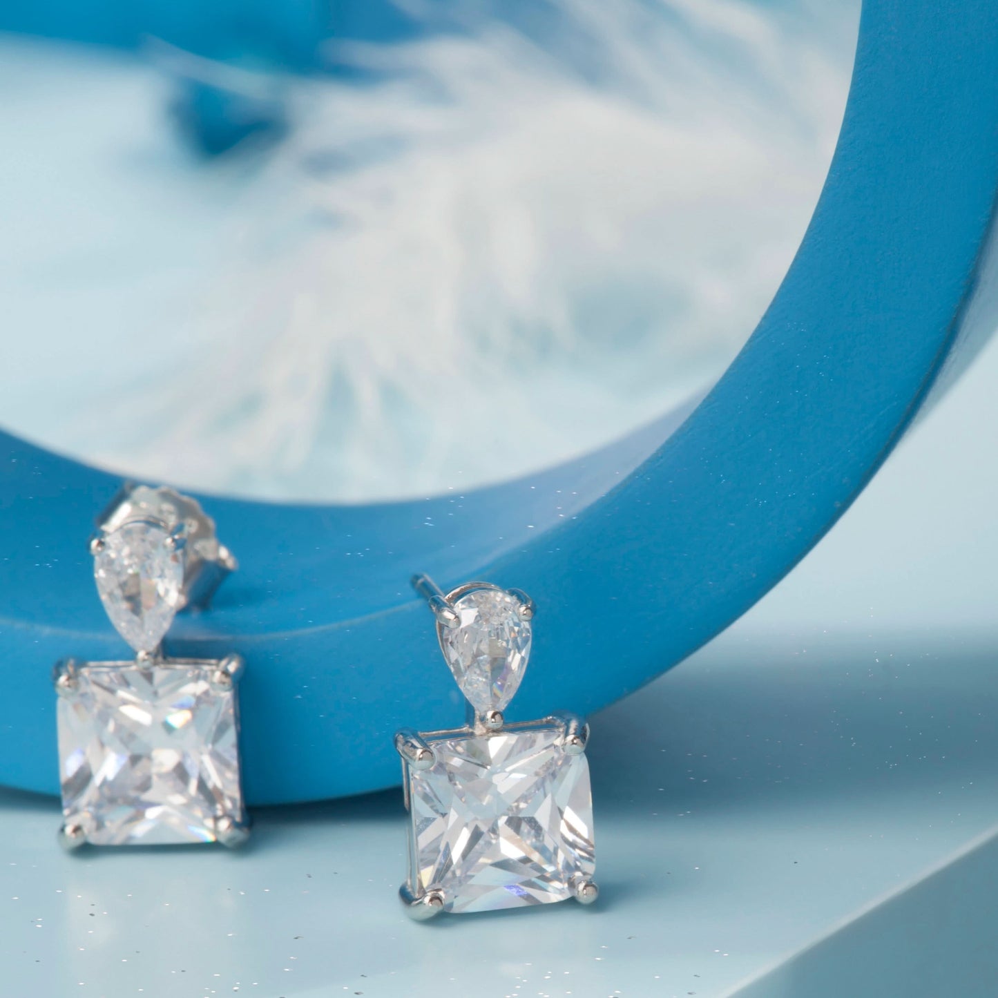 Silver Square White Stone Earrings