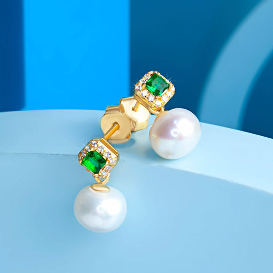 Gold Plated Luna Pearl & Emerald Earring Silvish