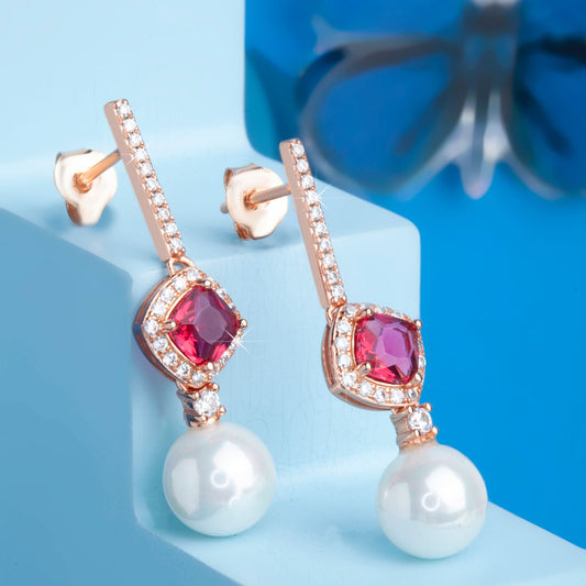 Rose Gold Ruby Radiance Pearl Earrings
