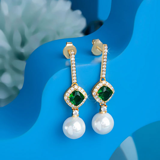 Gold Plated Enchanted Pearl Emerald Earrings Silvish
