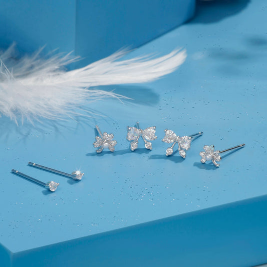Silver Bow Knot Floral White Stone Stud Set Silvish