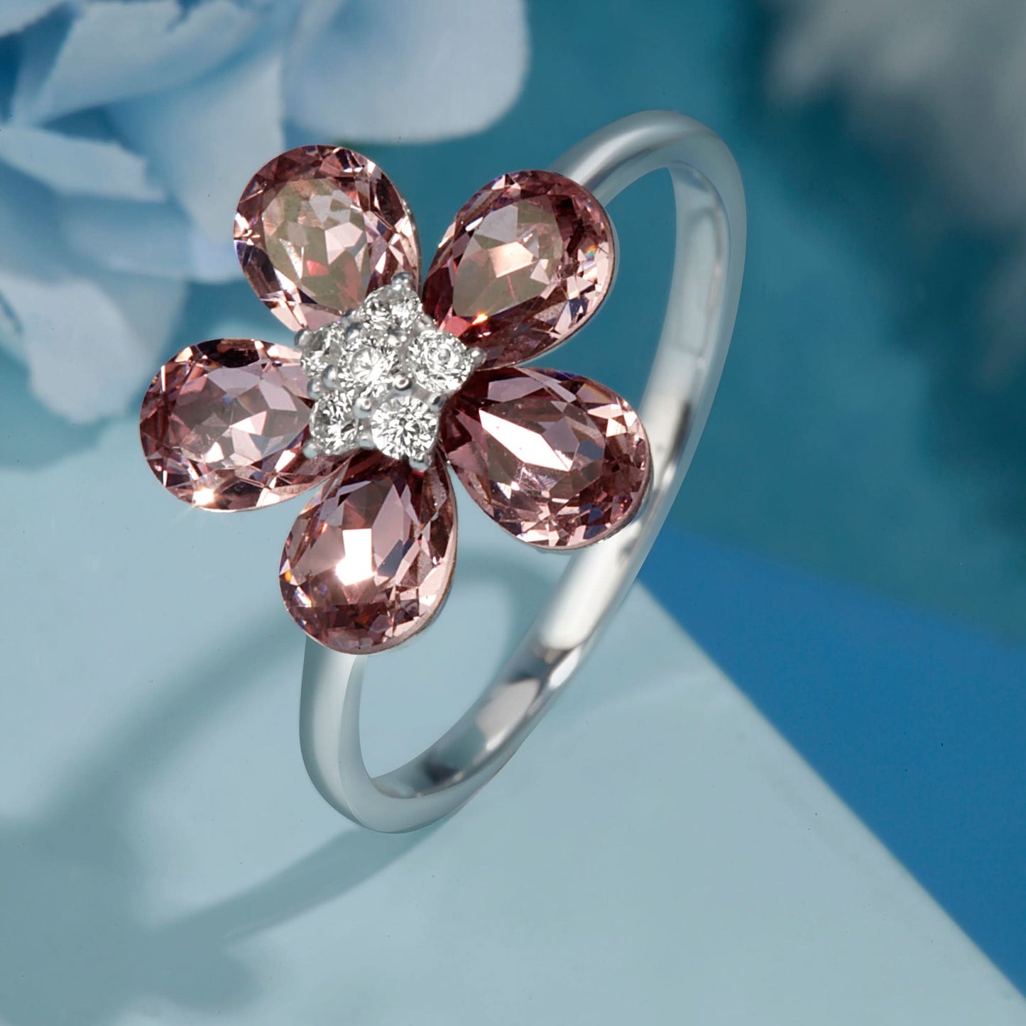 Silver Beautiful Gems Flower Ring