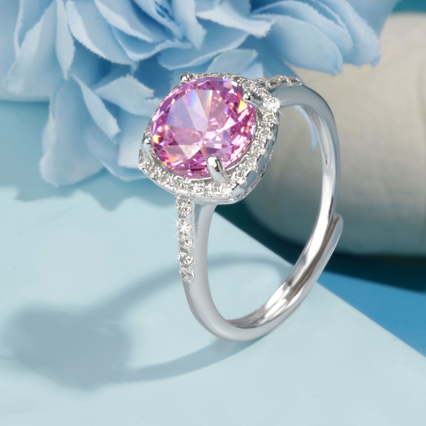 Silver Pink Aura Solitaire Ring