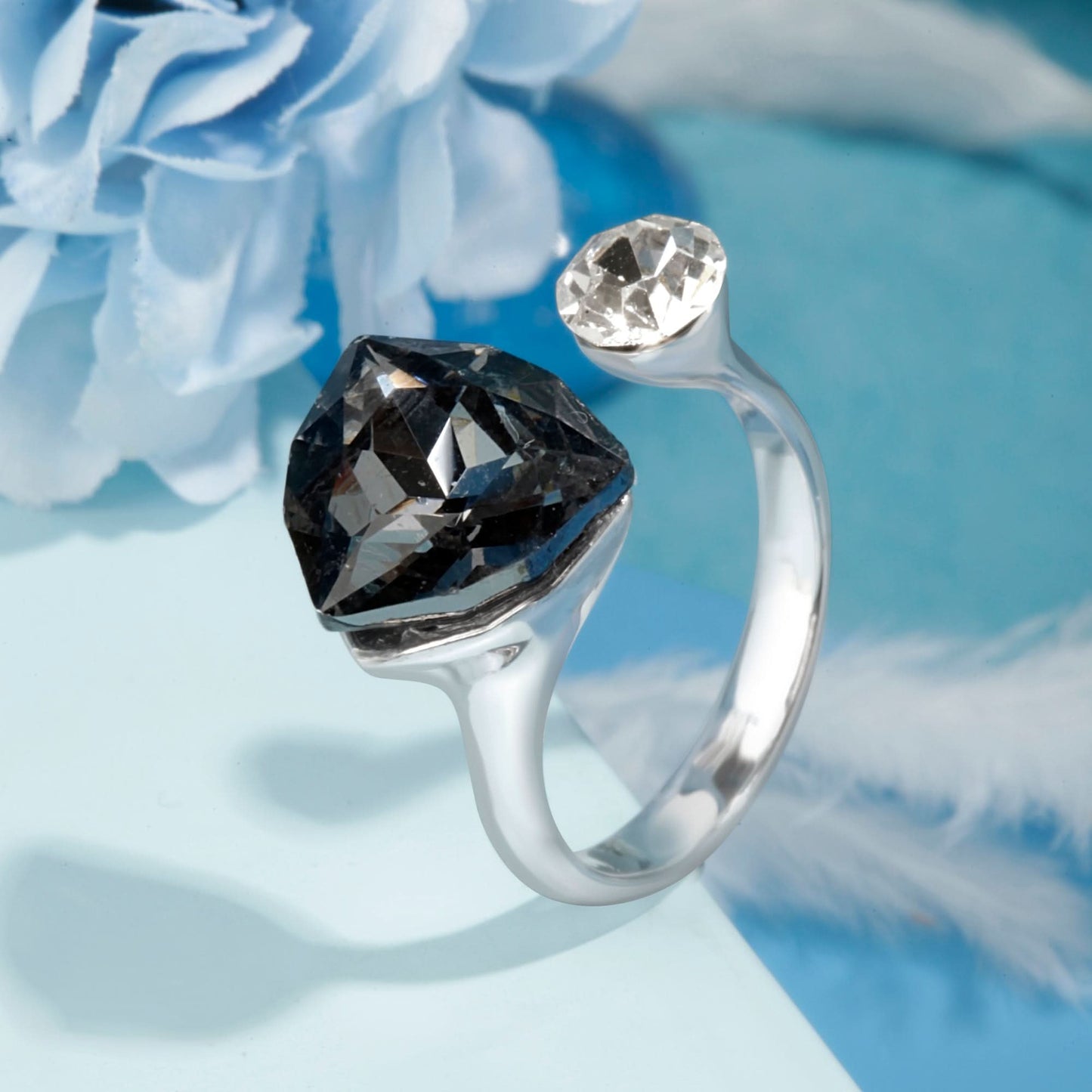 Silver Black Gemstone Duet Ring