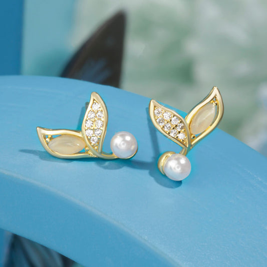 Gold Plated Fishtail Pearl Drop Earrings