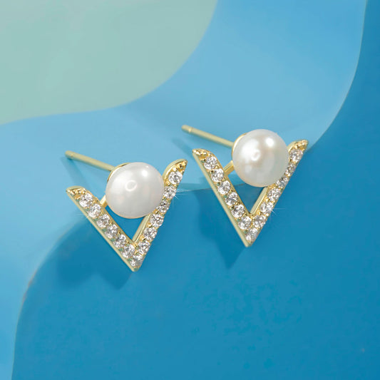 Gold Plated Elara V-Pearl Earrings