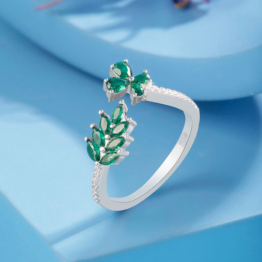 Silver Green Gemstone Leafs Ring