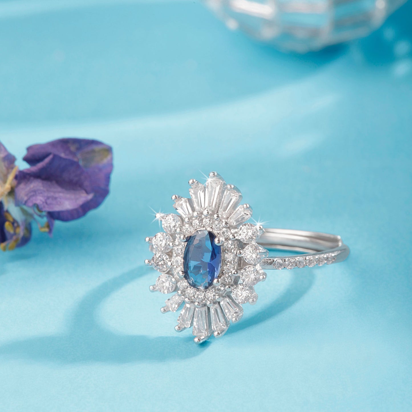 Silver Blue Sapphire Sunburst Ring