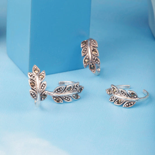 Silver Leaf Marcasite Toe Rings Silvish
