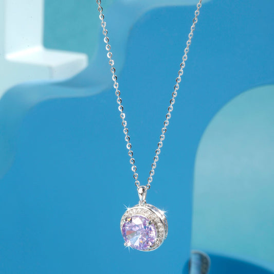 Silver Round Crystal Purple Gem Pendant Silvish