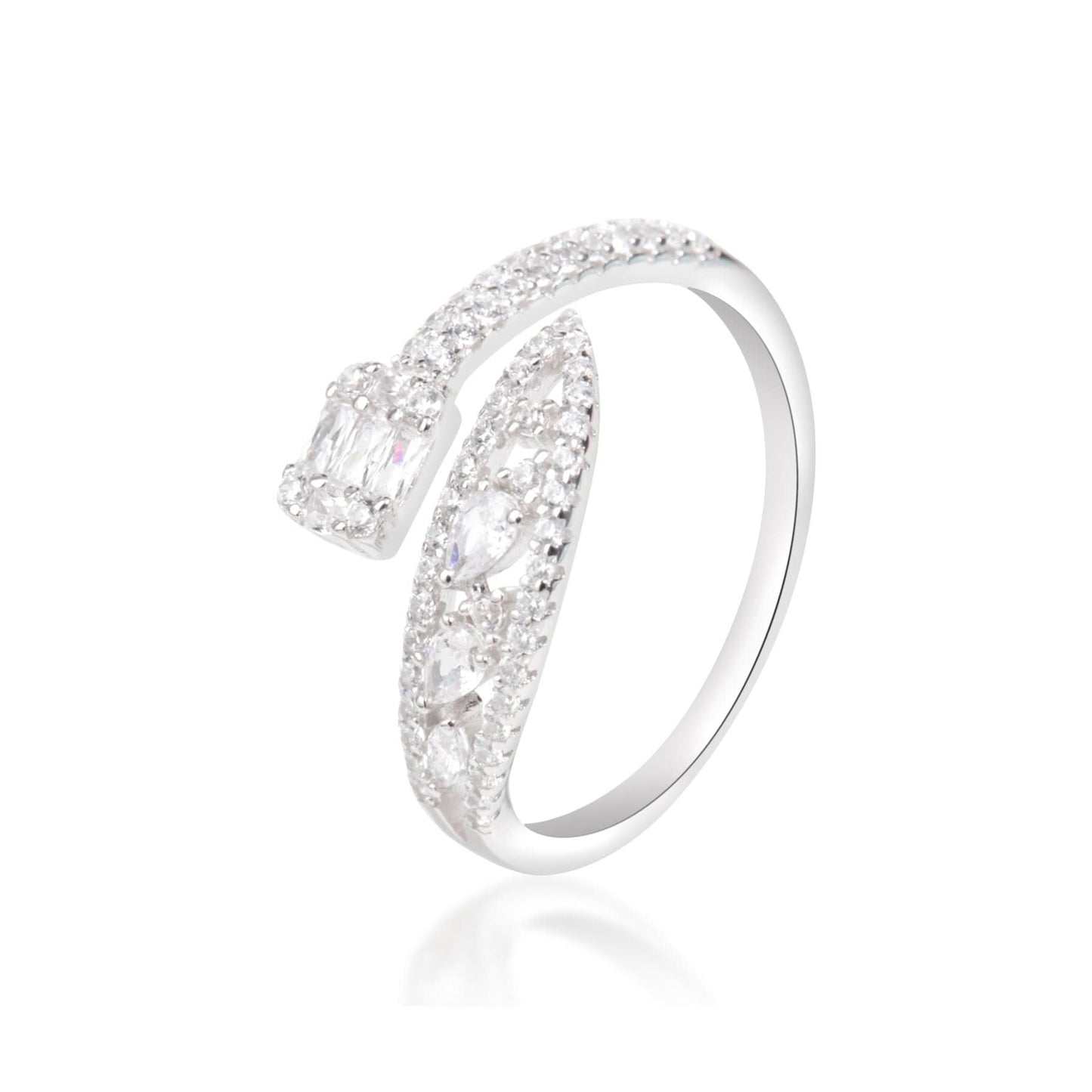 Silver Open Cut Rounded White Stone Ring