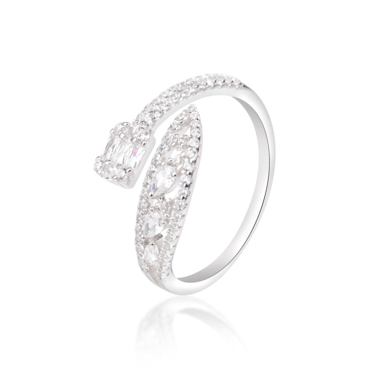 Silver Open Cut Rounded White Stone Ring